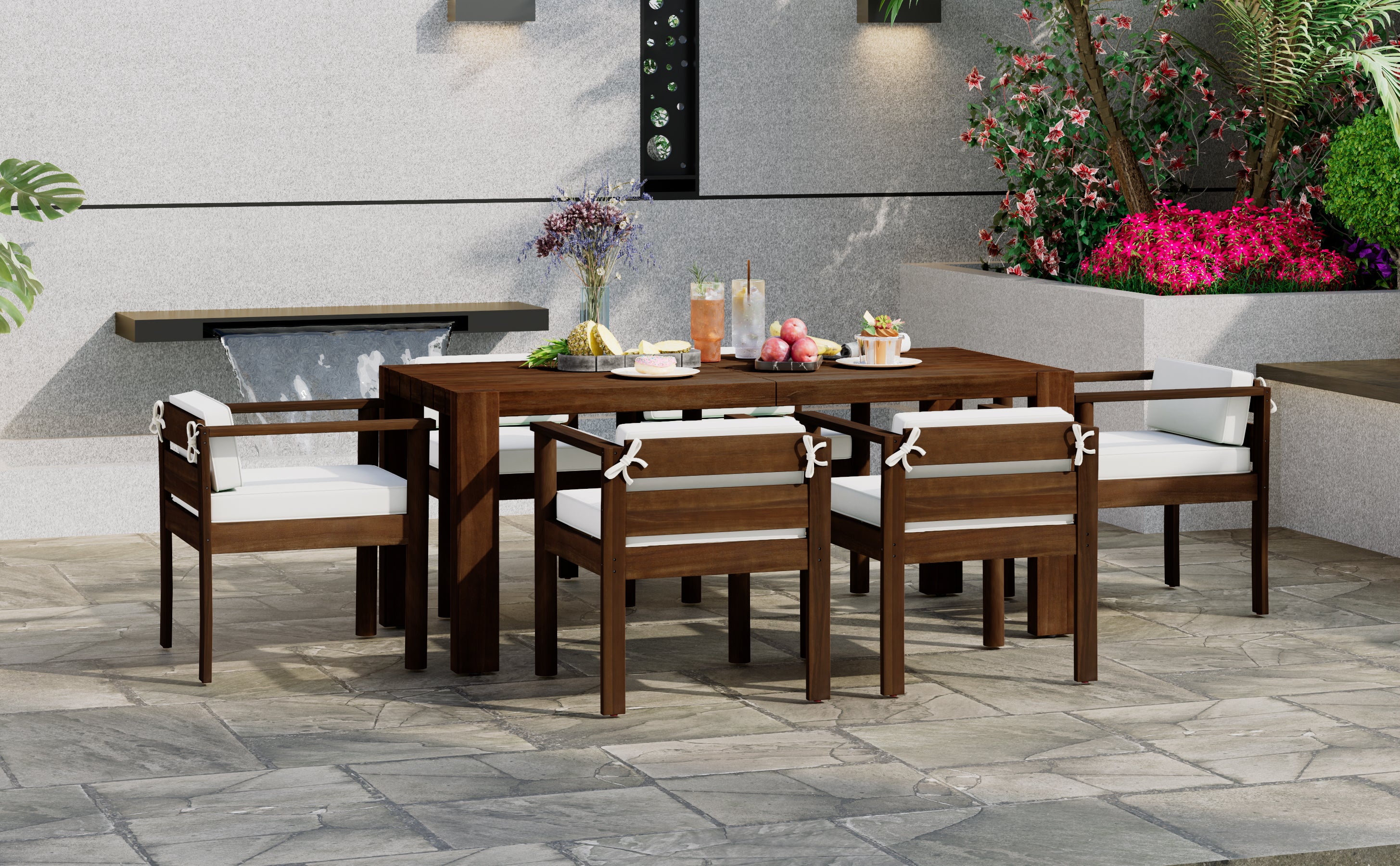 Walker Edison | Wood Outdoor Patio 7-Piece Dining Table Set for 6 - Image 39