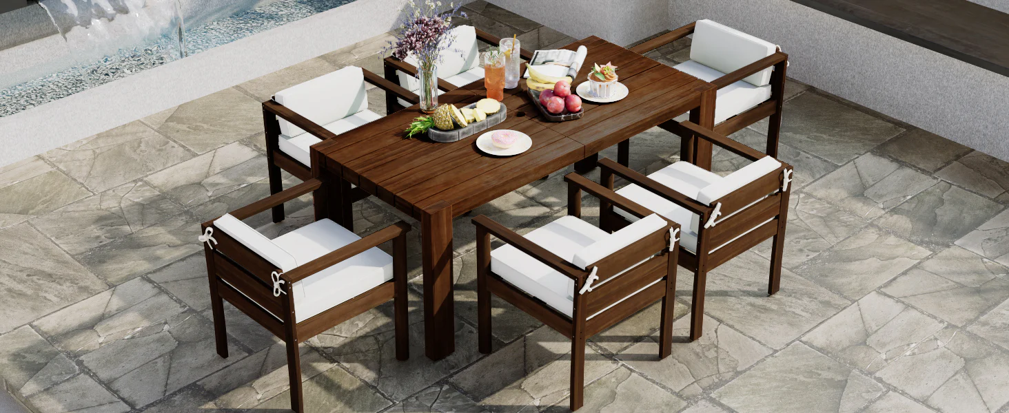 Walker Edison | Wood Outdoor Patio 7-Piece Dining Table Set for 6 - Image 41