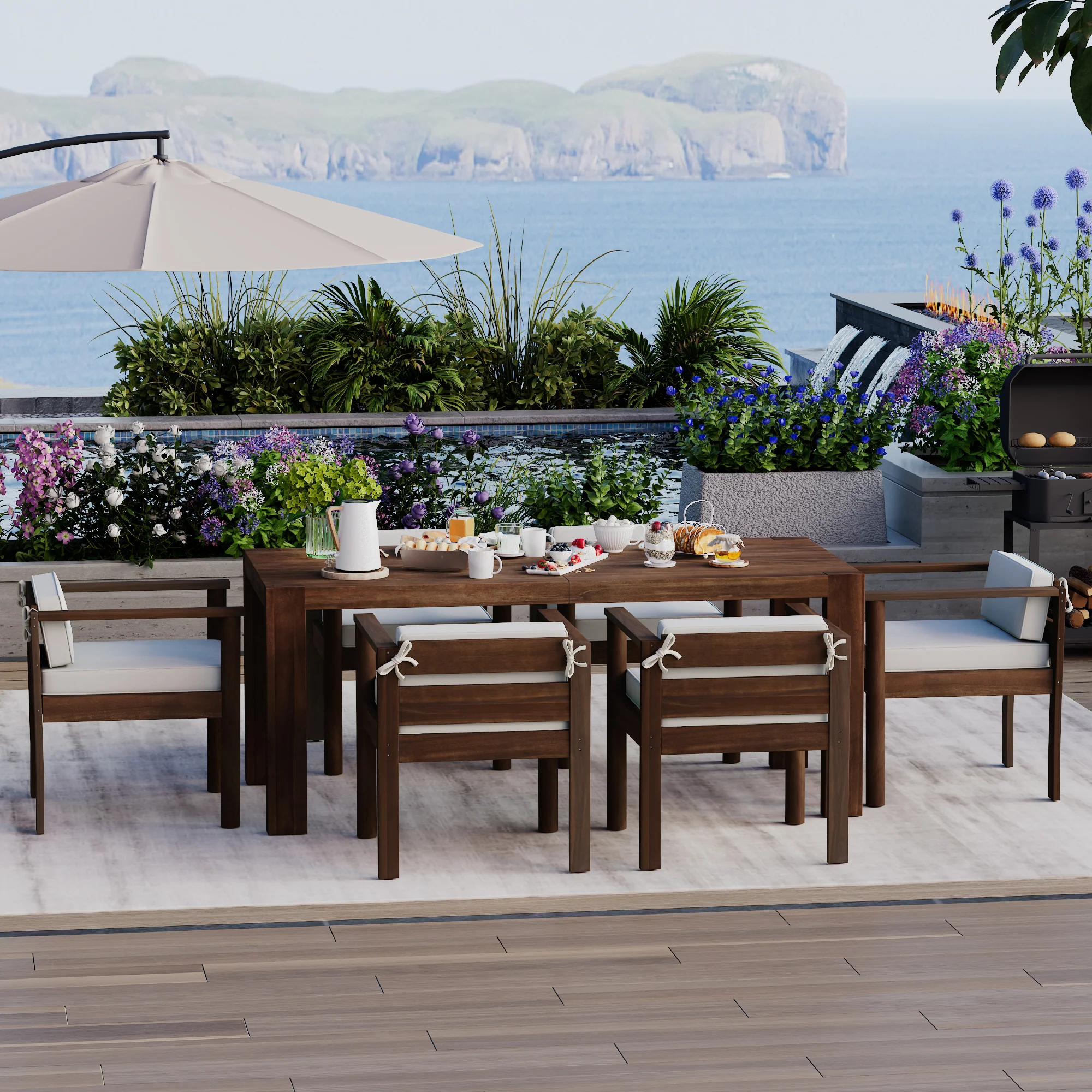 Walker Edison | Wood Outdoor Patio 7-Piece Dining Table Set for 6 - Image 5