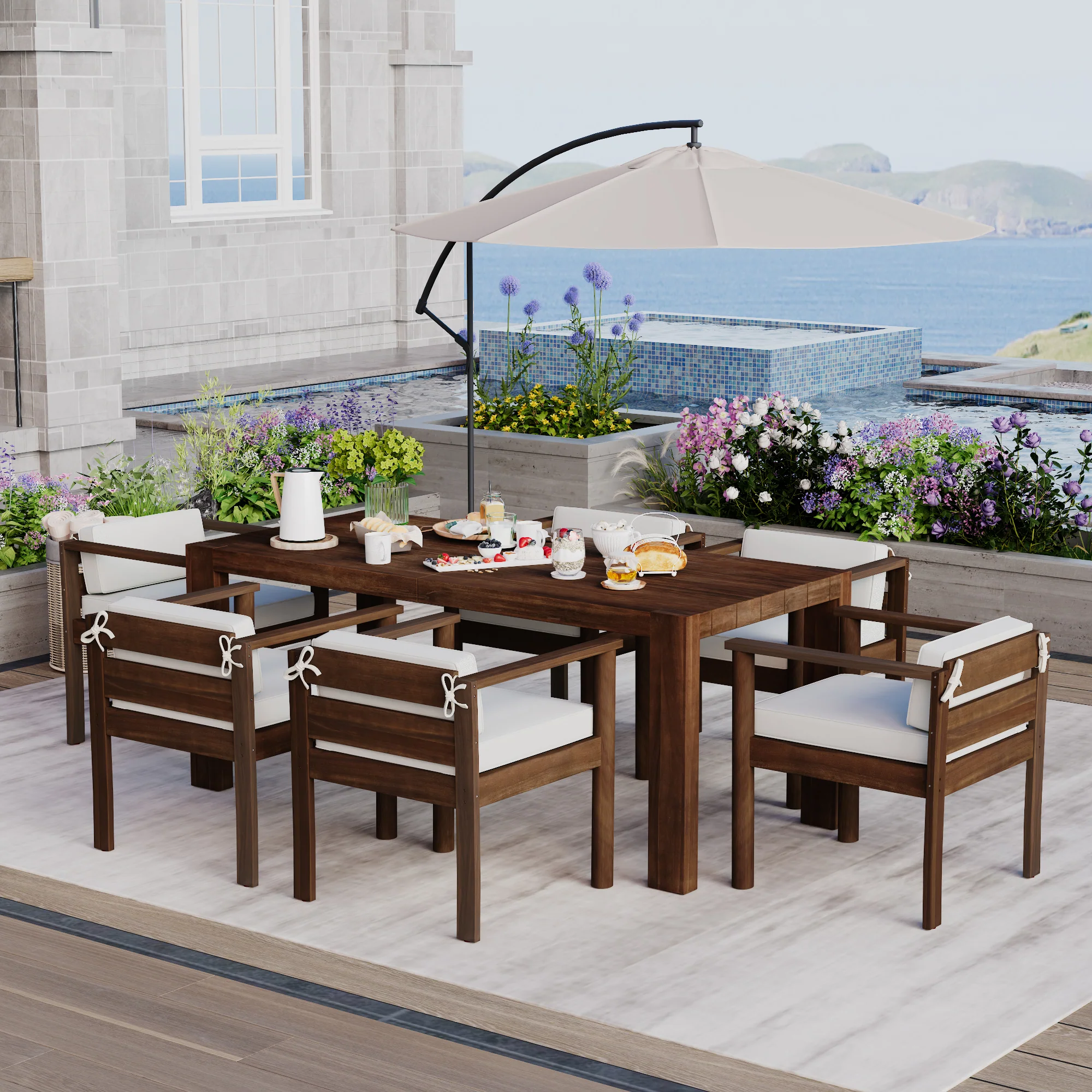 Walker Edison | Wood Outdoor Patio 7-Piece Dining Table Set for 6 - Image 6