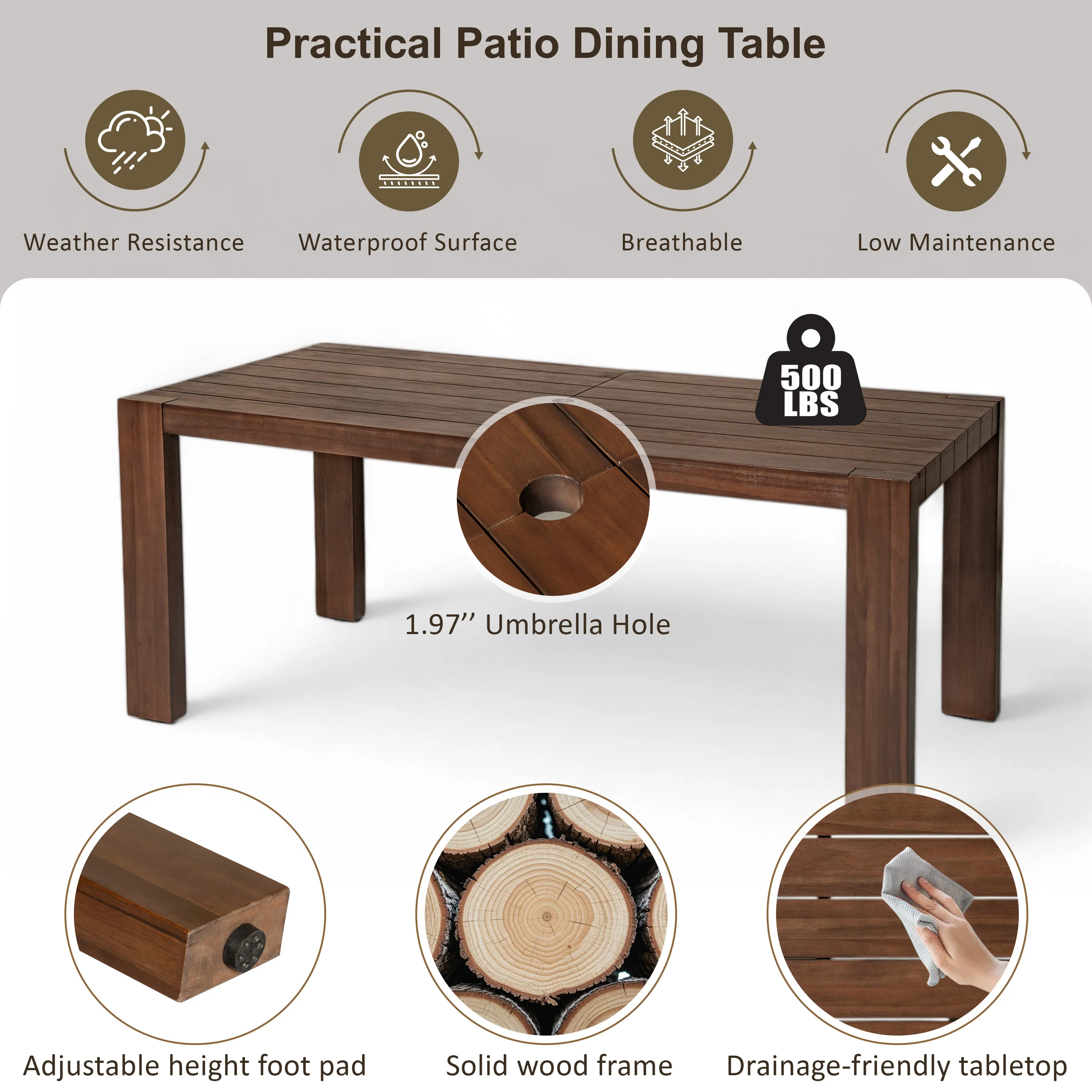 Walker Edison | Wood Outdoor Patio 7-Piece Dining Table Set for 6 - Image 8