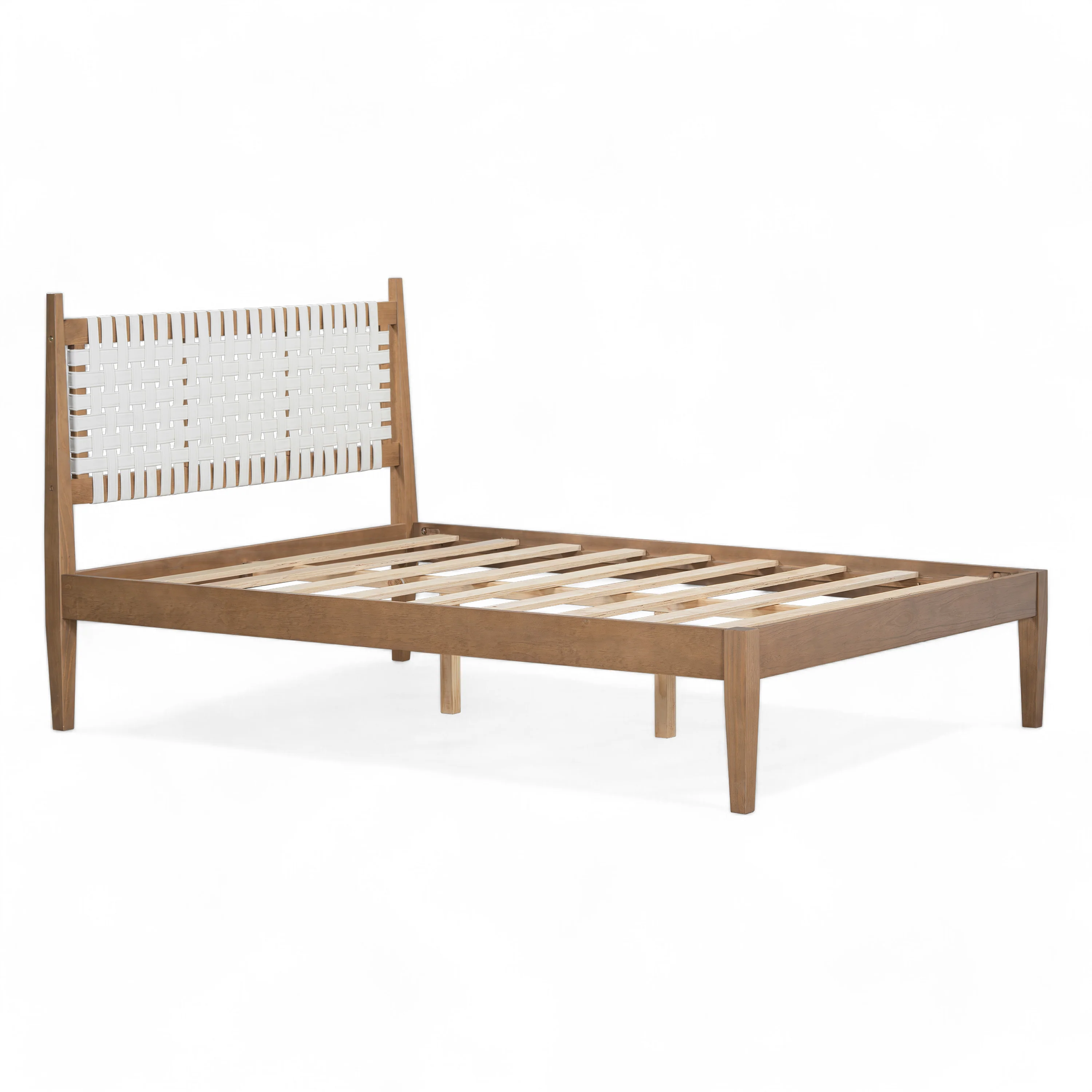 Woven White Leather Headboard Queen Pine Wood Bedframe - Image 11