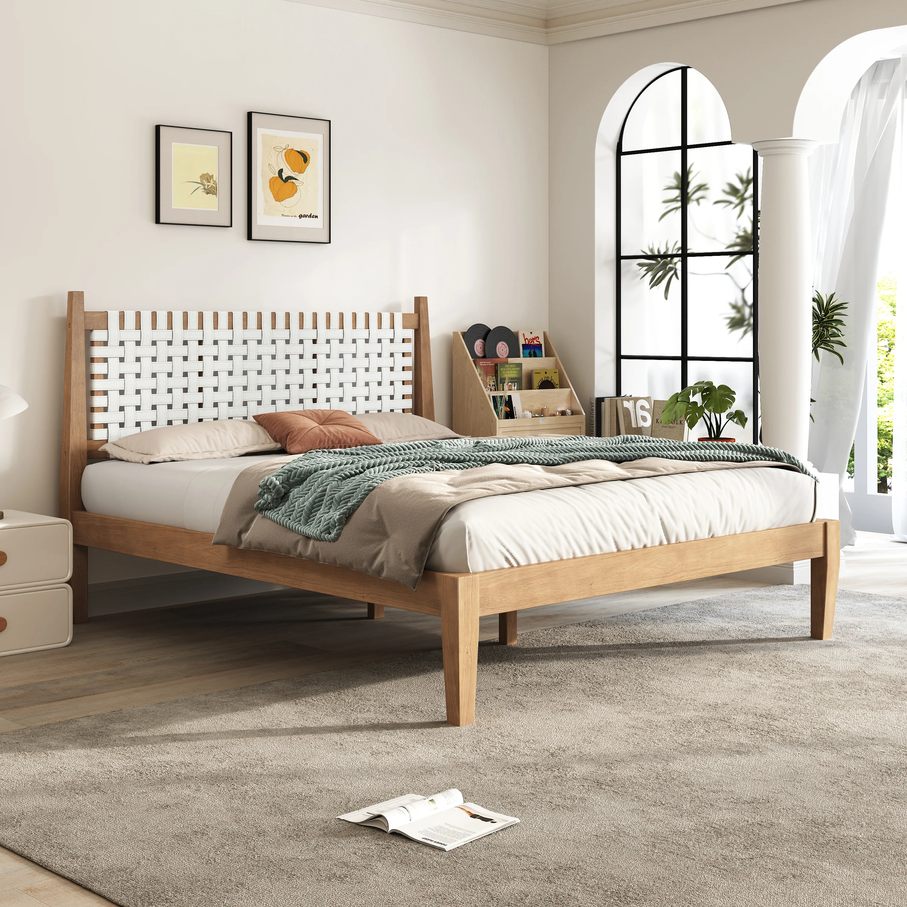 Woven White Leather Headboard Queen Pine Wood Bedframe - Image 2