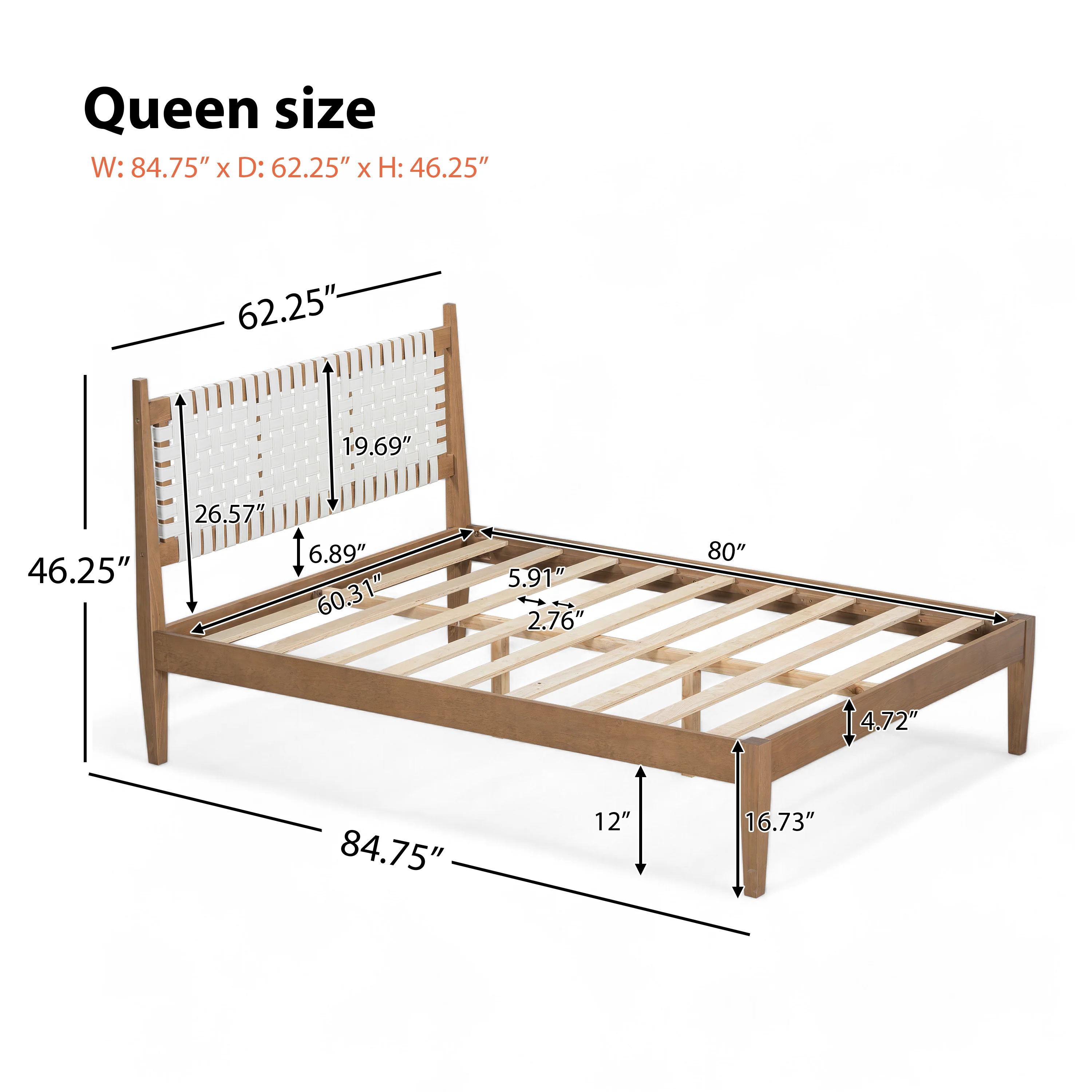 Woven White Leather Headboard Queen Pine Wood Bedframe - Image 3