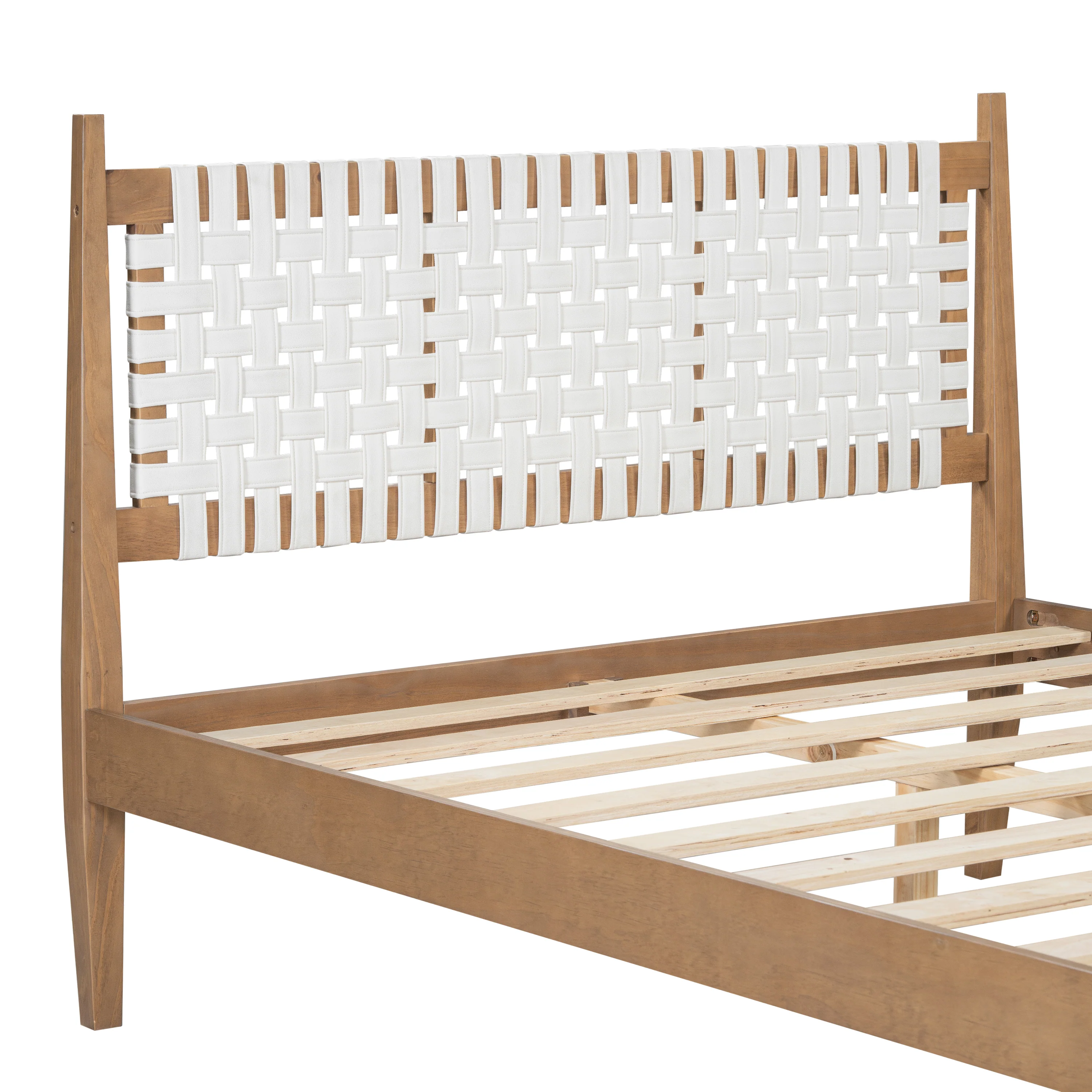 Woven White Leather Headboard Queen Pine Wood Bedframe - Image 4