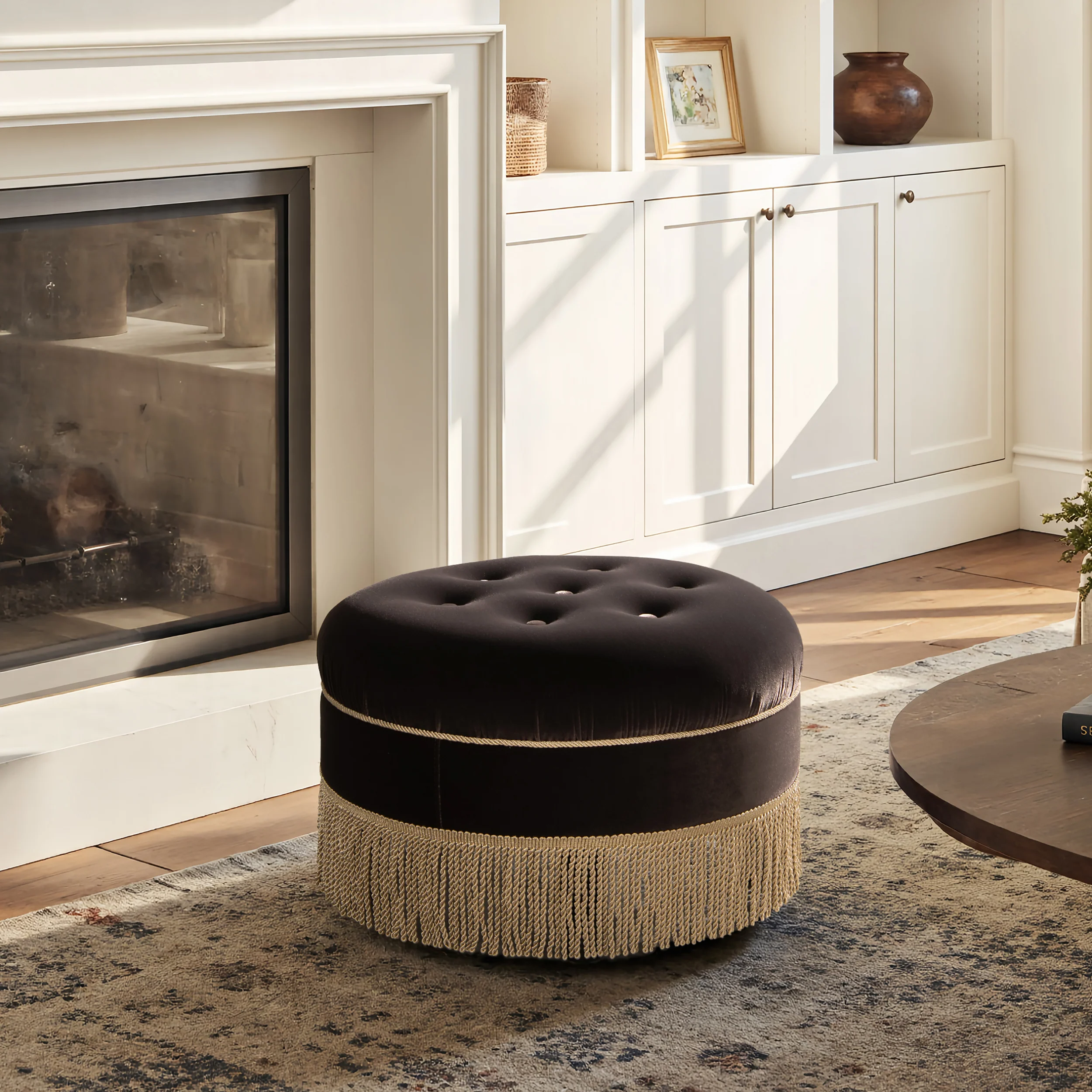 Yolanda 24' Round Upholstered Brown Accent Ottoman Performance Velvet