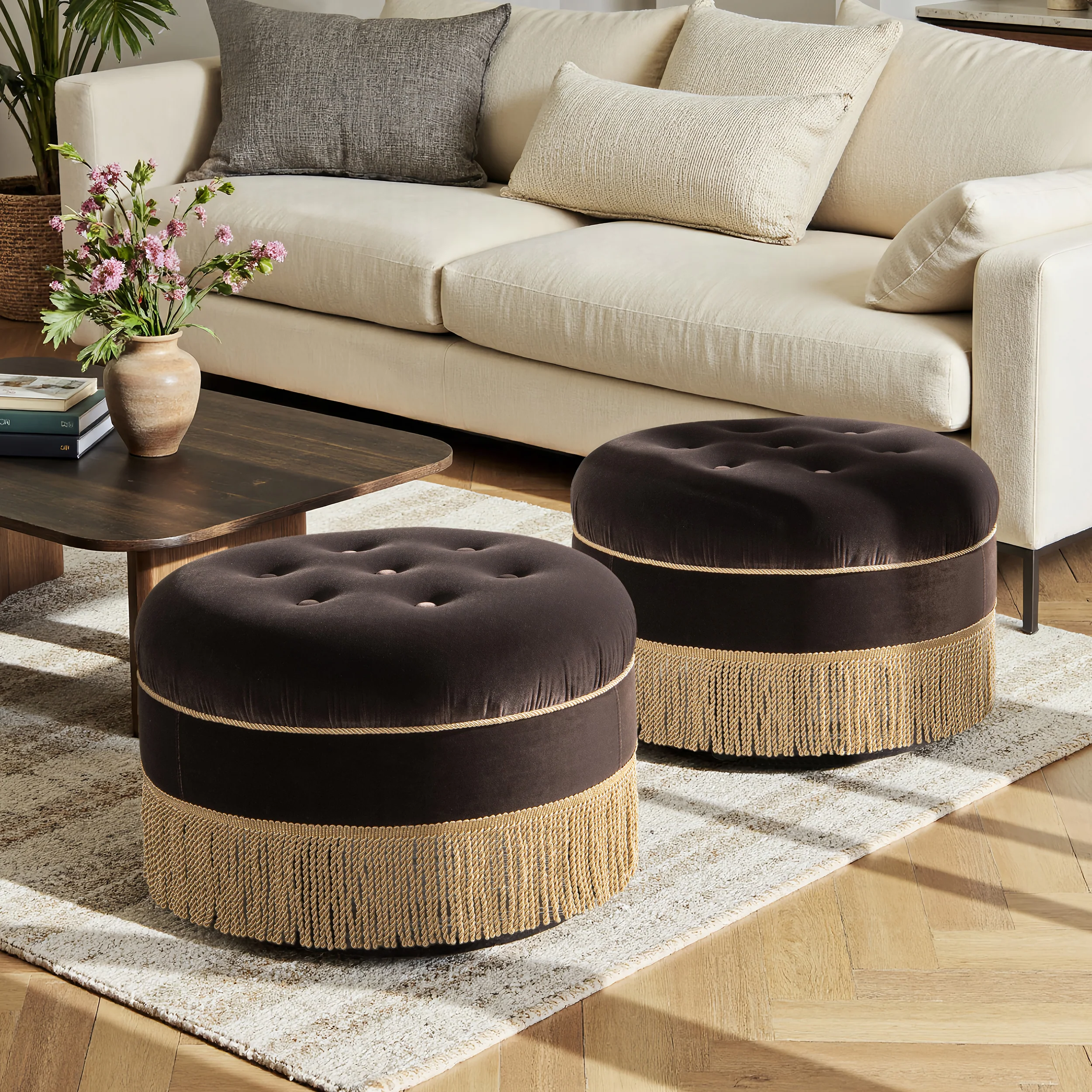 Yolanda 24' Round Upholstered Brown Accent Ottoman Performance Velvet - Image 3