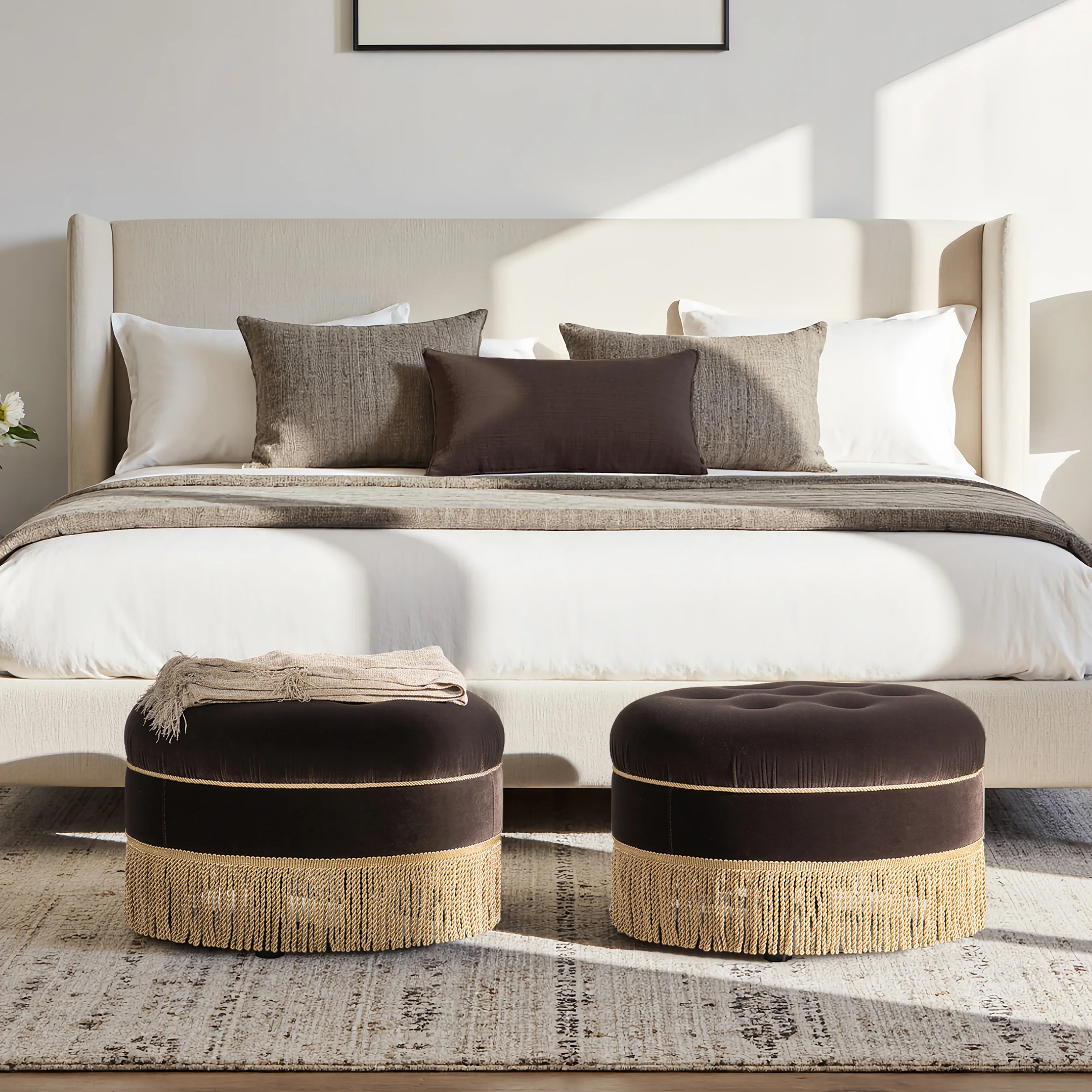 Yolanda 24' Round Upholstered Brown Accent Ottoman Performance Velvet - Image 6